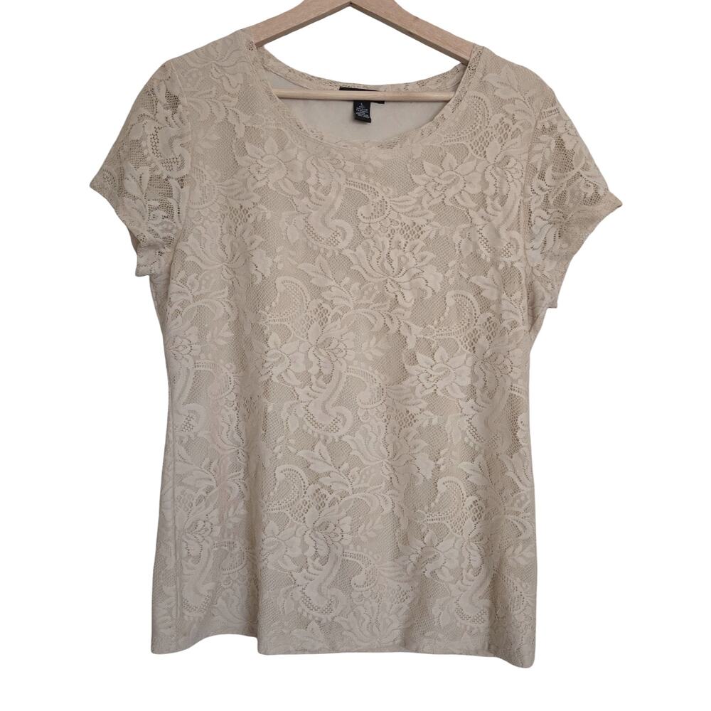 Alfani LARGE Cream Lace Short Sleeve Blouse Top Lined Luxury Whimsy Fairy